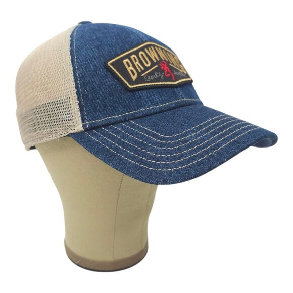 Browning Slack Denim Mesh Snapback Cap Trucker Baseball Logo Patch Hunter Hat - Picture 3 of 14